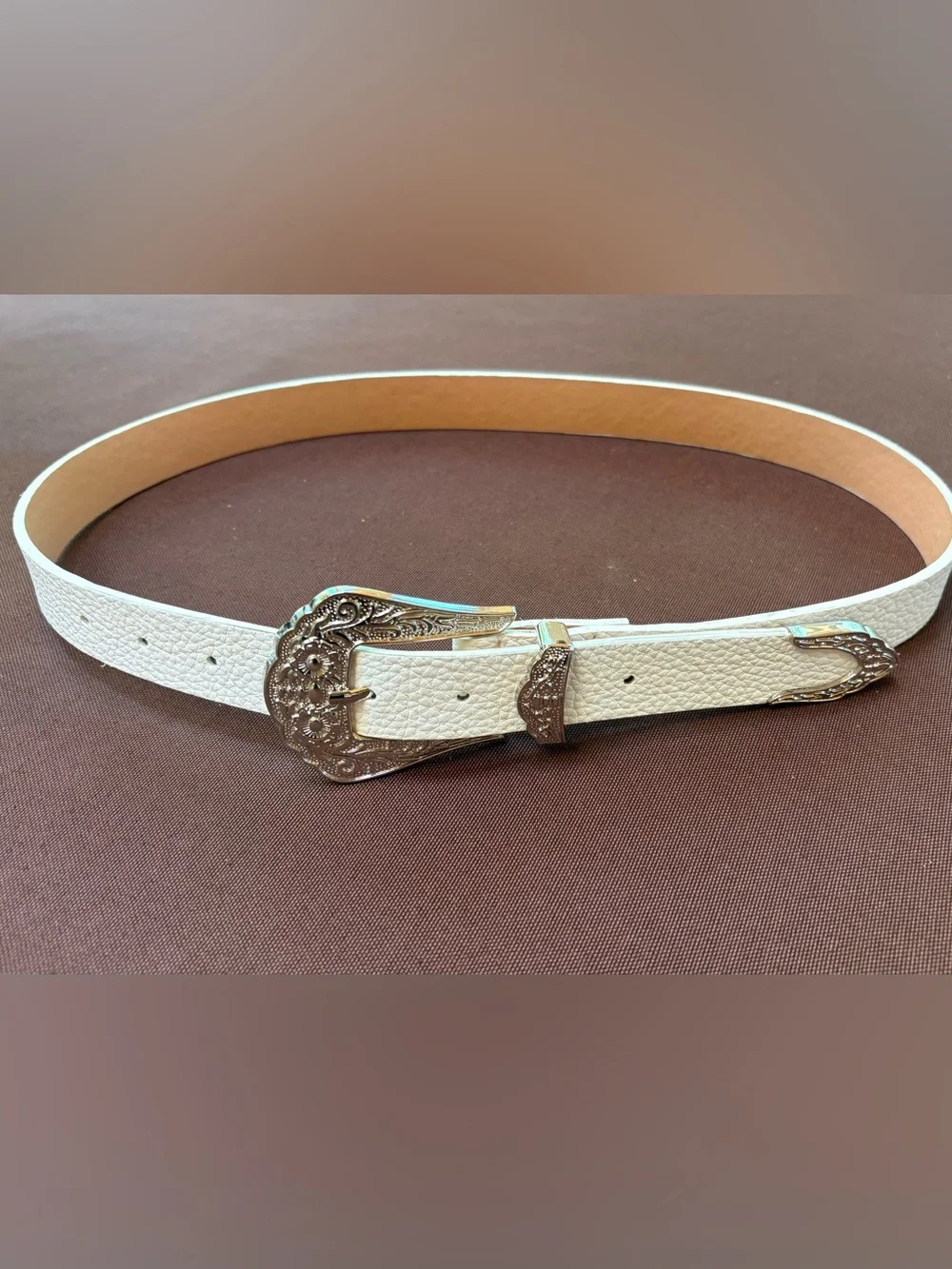 White Leather Western Belt with Turquoise Concho Chain Belt - Picture 3 of 6